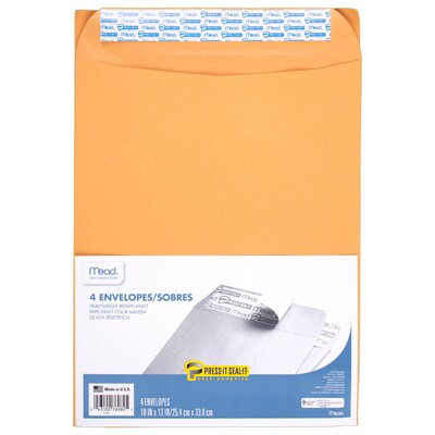 Mead Press-It Seal-It Envelopes, 10" x 13", Brown, 4/Box, 12 Boxes (MEA76082-12)
