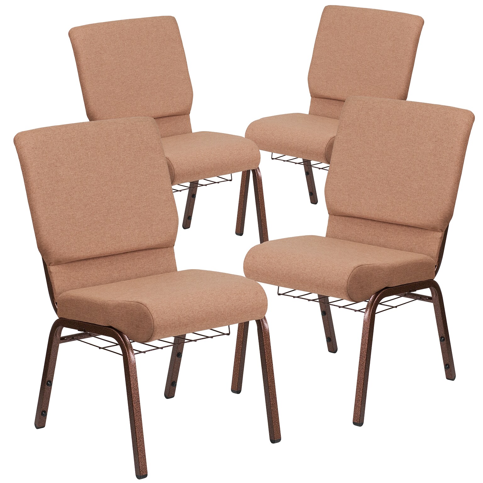 Flash Furniture HERCULES Series Fabric Church Stacking Chair with Book Rack, Caramel/Copper Vein Frame, 4 Pack (4FCH185CVBNB)