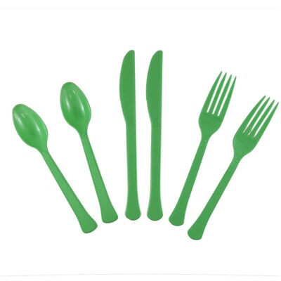 JAM PAPER Premium Extra Heavy Weight Cutlery , Assorted Utensils Set, Green, 24 Disposable Utensils/Box