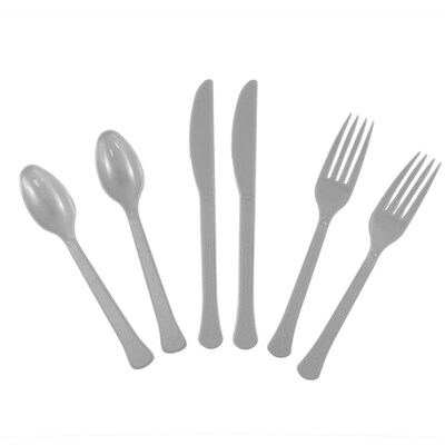 JAM PAPER Premium Extra Heavy Weight Cutlery , Assorted Utensils Set, Silver, 24 Disposable Utensils/Box