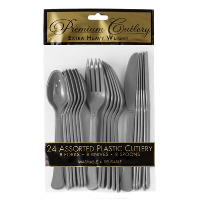JAM PAPER Premium Extra Heavy Weight Cutlery , Assorted Utensils Set, Silver, 24 Disposable Utensils
