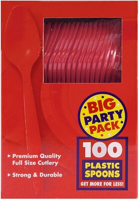 JAM PAPER Big Party Pack of Premium Plastic Spoons - Red - 100 Disposable Spoons/Box