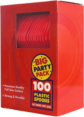 JAM PAPER Big Party Pack of Premium Plastic Spoons - Red - 100 Disposable Spoons/Box