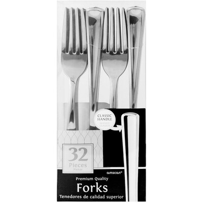 JAM PAPER Premium Utensils Party Pack, Plastic Forks, Metallic Stainless Silver, 32 Disposable Forks/Box