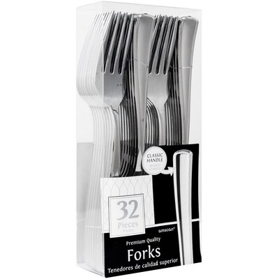JAM PAPER Premium Utensils Party Pack, Plastic Forks, Metallic Stainless Silver, 32 Disposable Forks/Box