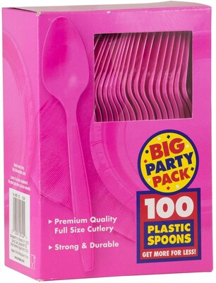 JAM PAPER Big Party Pack of Premium Plastic Spoons, Pink, 100 Disposable Spoons/Box