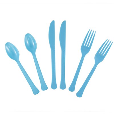 JAM Paper Premium Plastic Assorted Cutlery Set, Extra Heavy Weight, Caribbean Blue, 24/Box (297C24SB)
