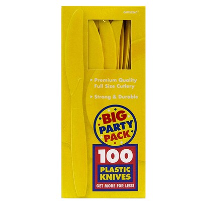 JAM PAPER Big Party Pack of Premium Plastic Knives, Yellow, 100 Disposable Knives/Box