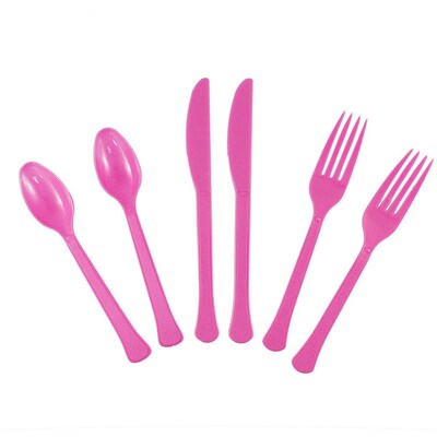 JAM PAPER Premium Extra Heavy Weight Cutlery , Assorted Utensils Set, Fuchsia Pink, 24 Disposable Ut