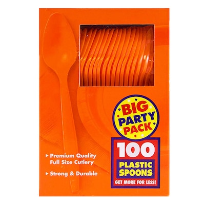 JAM PAPER Big Party Pack of Premium Plastic Spoons, Orange, 100 Disposable Spoons/Box