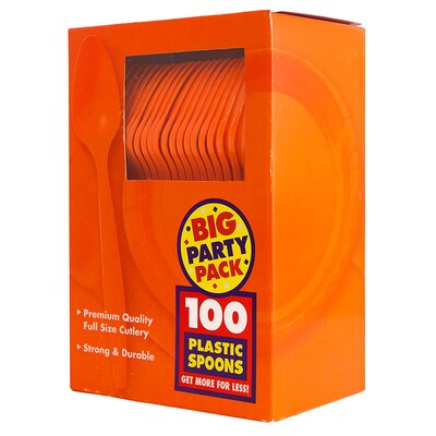 JAM PAPER Big Party Pack of Premium Plastic Spoons, Orange, 100 Disposable Spoons/Box