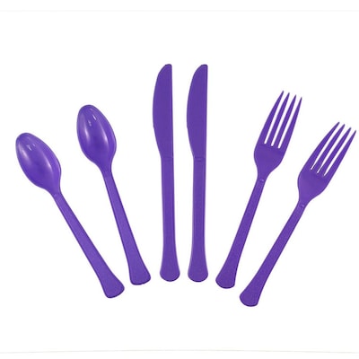 JAM Paper Premium Plastic Assorted Cutlery Set, Extra Heavy Weight, Purple, 24/Box (297C24PU)