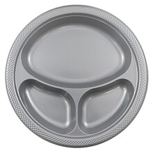 JAM PAPER Plastic 3 Compartment Divided Plates, Large, 10 1/4 inch, Silver, 20/Pack