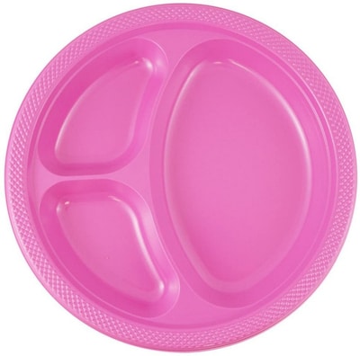JAM PAPER Plastic 3 Compartment Divided Plates, Large, 10 1/4 inch, Fuchsia Hot Pink, 20/Pack
