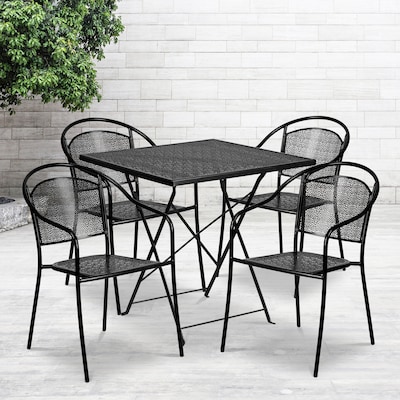 Flash Furniture Oia Indoor-Outdoor 28 Square Steel Folding Patio Table Set with 4 Round Back Chairs