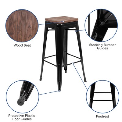 Flash Furniture Cierra Industrial Metal Indoor Bar Stool without Back, Black, 4-Pieces/Pack (4ET31320W30BKR)