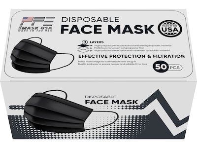 PPE Mask USA Disposable Surgical Cloth Face Mask, One Size, Black, 50/Box, 10 Boxes/Pack (TBN203208)