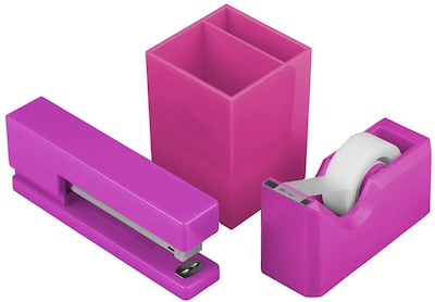 JAM PAPER Desk Trio Pack, Pink Fuchsia, Stapler, Tape Dispenser & Pen Holder, 3/Pack