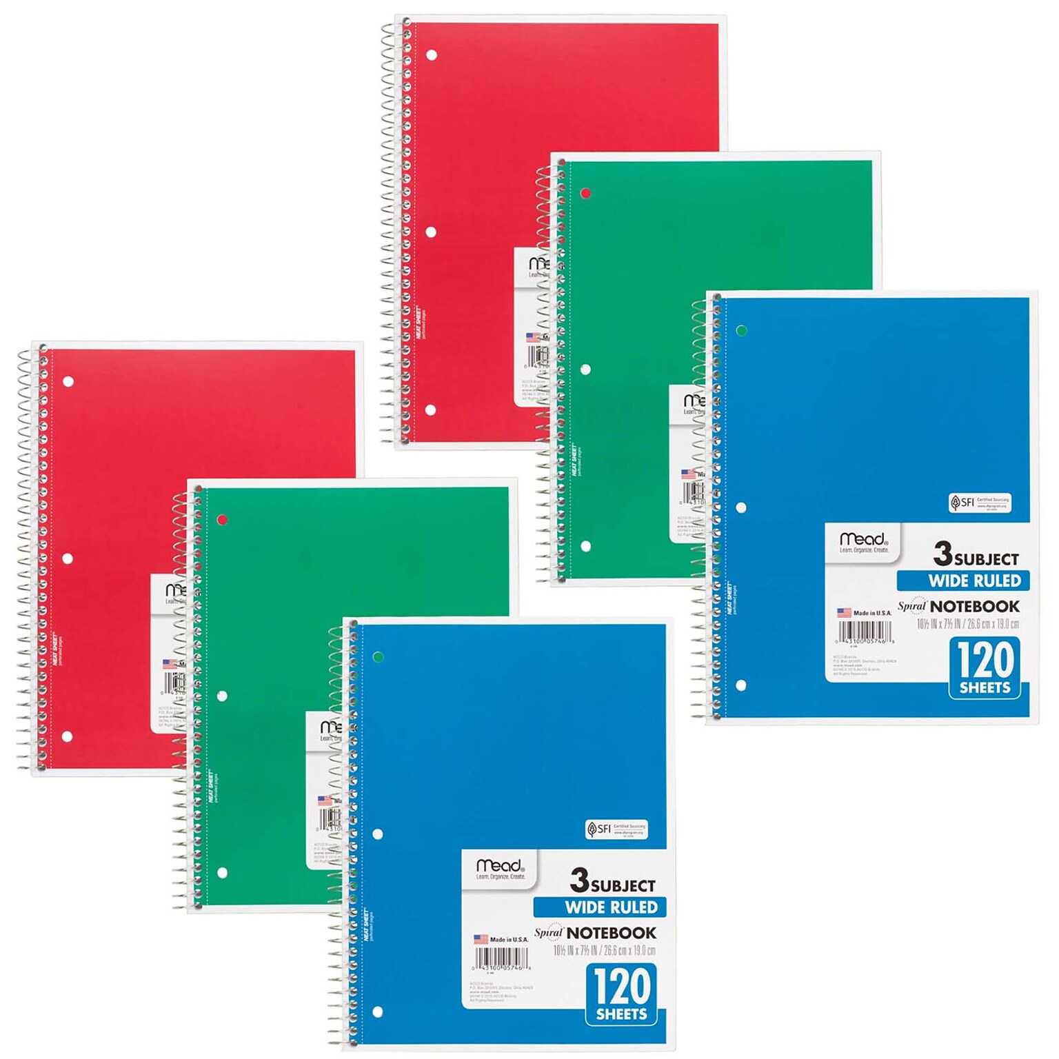 Mead® 3 Subject Spiral Notebook, 10.5x 7.5, Wide Ruled, 120 Sheets, Assorted Colors (No Color Choice), Pack of 6 (MEA05746-6)