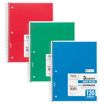 Mead® 3 Subject Spiral Notebook, 10.5"x 7.5", Wide Ruled, 120 Sheets, Assorted Colors (No Color Choice), Pack of 6 (MEA05746-6)