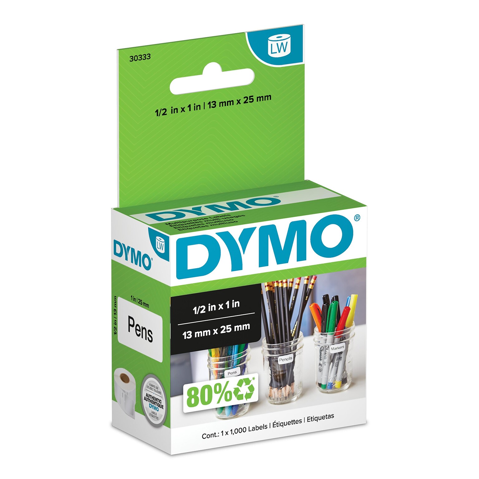 DYMO LabelWriter 30222 Multi-Purpose Labels, 1 x 1/2, Black on White, 1,000 Labels/Roll (30333)