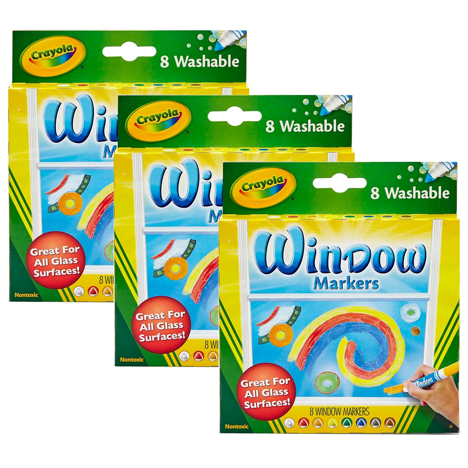Crayola® Washable Window Markers, Broad Line, 8 Assorted Colors, 3 Boxes (BIN588165-3)