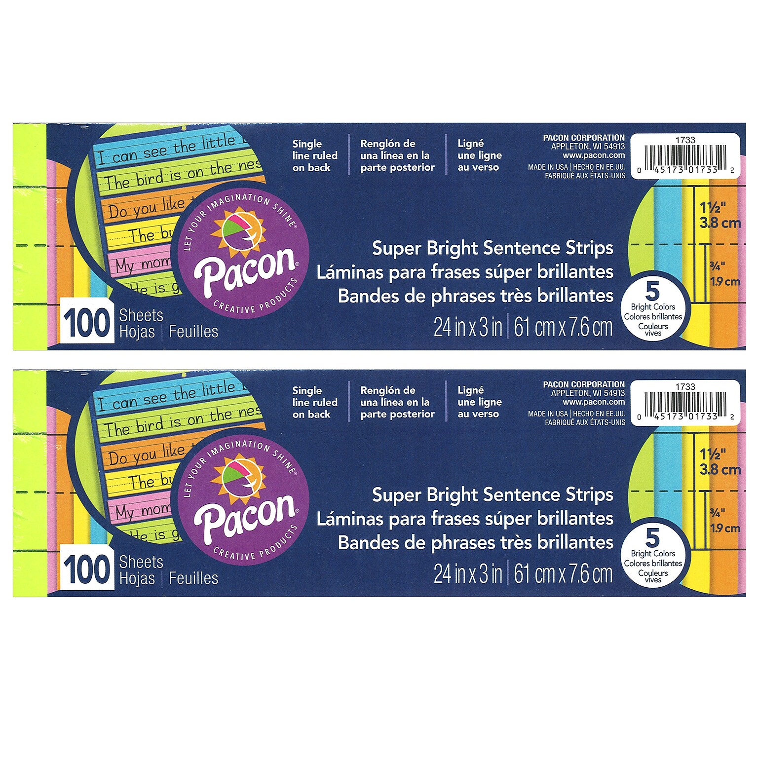Pacon Sentence Strips, 3 x 24, 1.5 Ruled, Assorted Colors, 100 Strips Per Pack, 2 Packs (PAC1733-2)