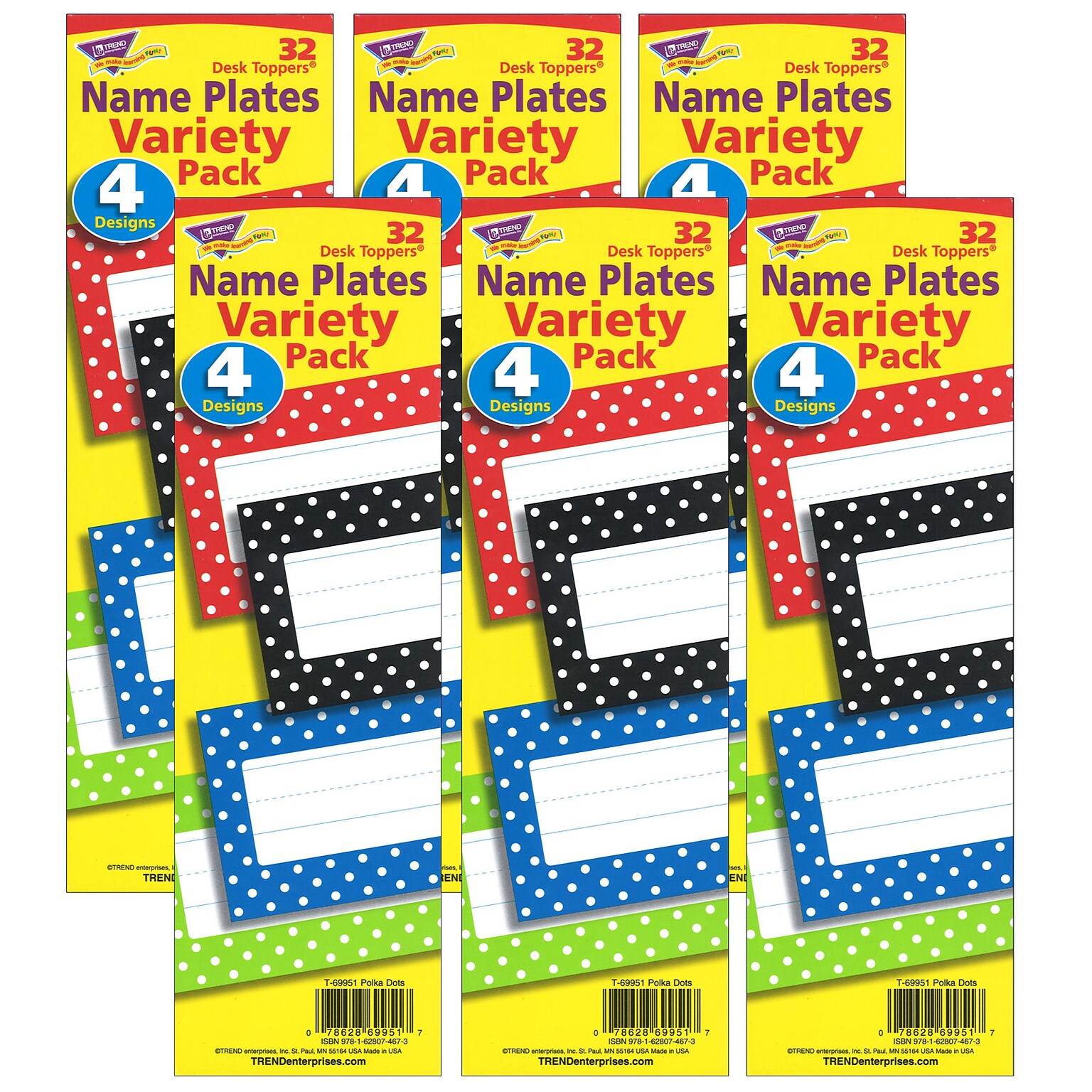 TREND Polka Dots Desk Toppers® Nameplates Variety Pack, 2.875 x 9.5, 32 Per Pack, 6 Packs (T-69951-6)