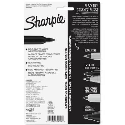 Sharpie Permanent Markers, Fine Tip, Assorted, 5/Pack (30653)