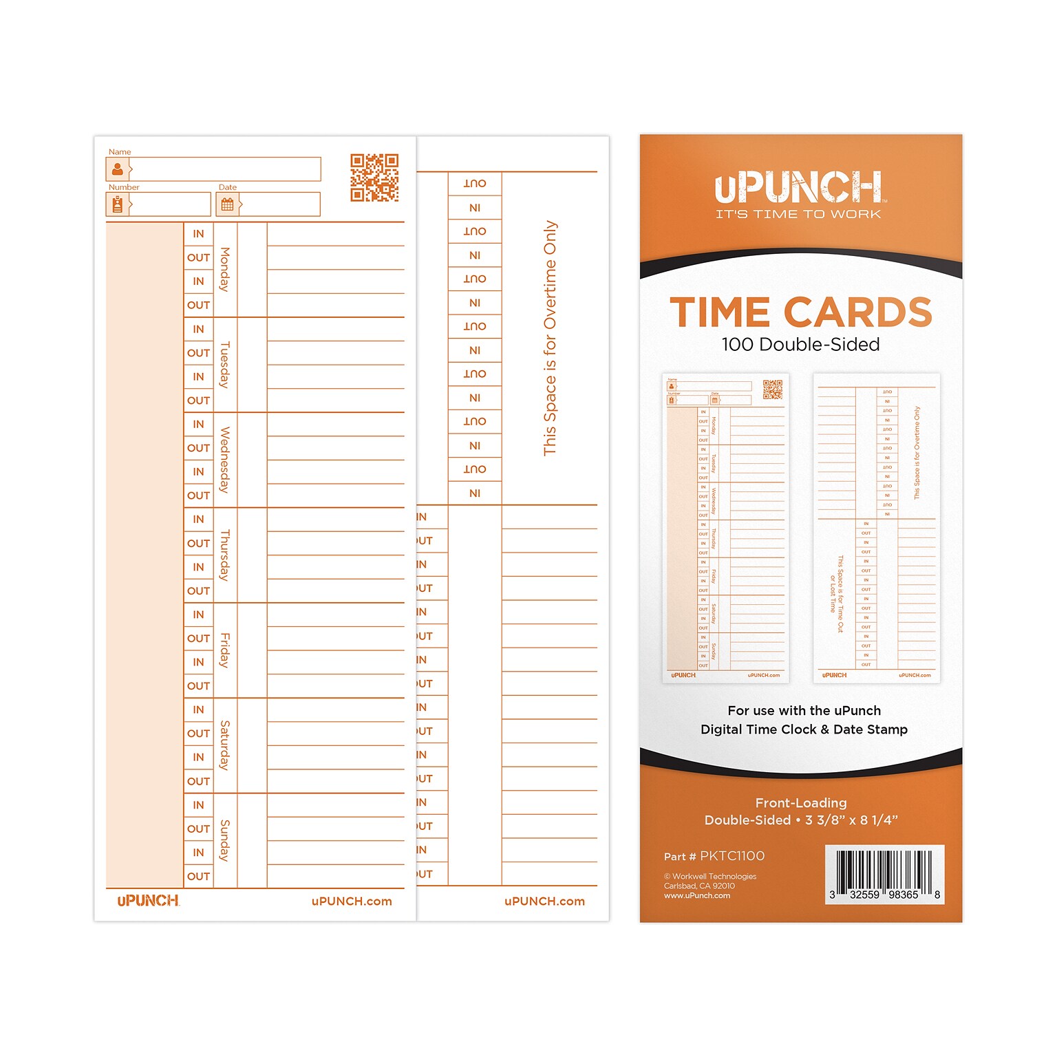 uPunch Time Card for PK1100 Time Clock, 100/Pack (PKTC1100)