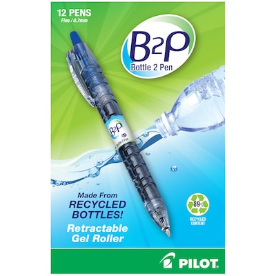 Pilot B2P Bottle 2 Pen Retractable Gel Pens, Fine Point, Blue Ink, Dozen (31601)