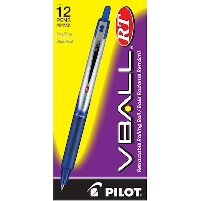 Pilot VBall RT Retractable Rollerball Pens, Fine Point, Blue Ink, Dozen (26207)