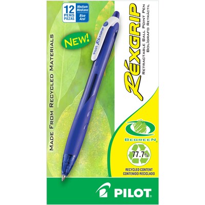 Pilot RexGrip BeGreen Retractable Ballpoint Pens, Medium Point, Blue Ink, Dozen (32371)