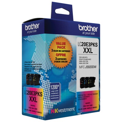 Brother LC20E3PKS Cyan/Magenta/Yellow Extra High Yield Ink Cartridge, 3/Pack (LC20E3PKS)