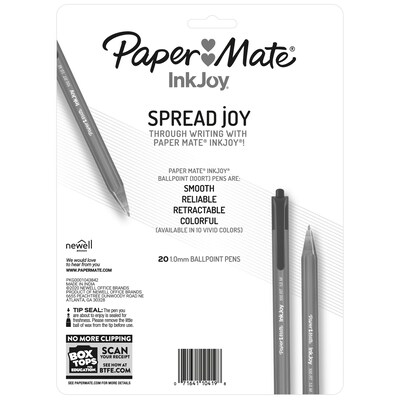 Paper Mate InkJoy 100 RT Retractable Ballpoint Pen, Medium Point, Assorted Ink, 20/Pack (1951396)