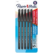 Paper Mate Eraser Mate Erasable Ballpoint Pen, Medium Point, Black Ink, 5/Pack (3163558PP)