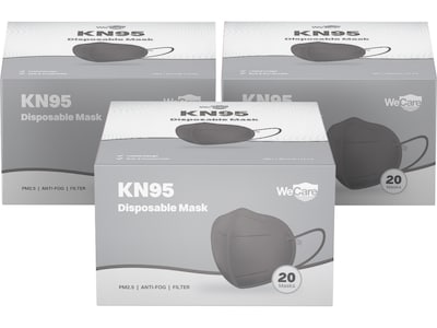 WeCare Disposable KN95 Face Mask, Adult, Dark Gray, 20 Masks/Box, 3 Boxes/Pack (TBN203226)