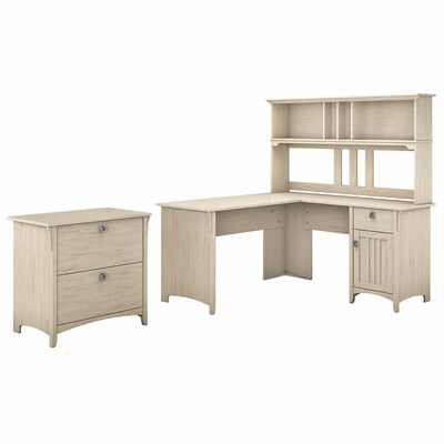Bush Furniture Salinas 60W L Shaped Desk with Hutch and Lateral File Cabinet, Antique White (SAL005