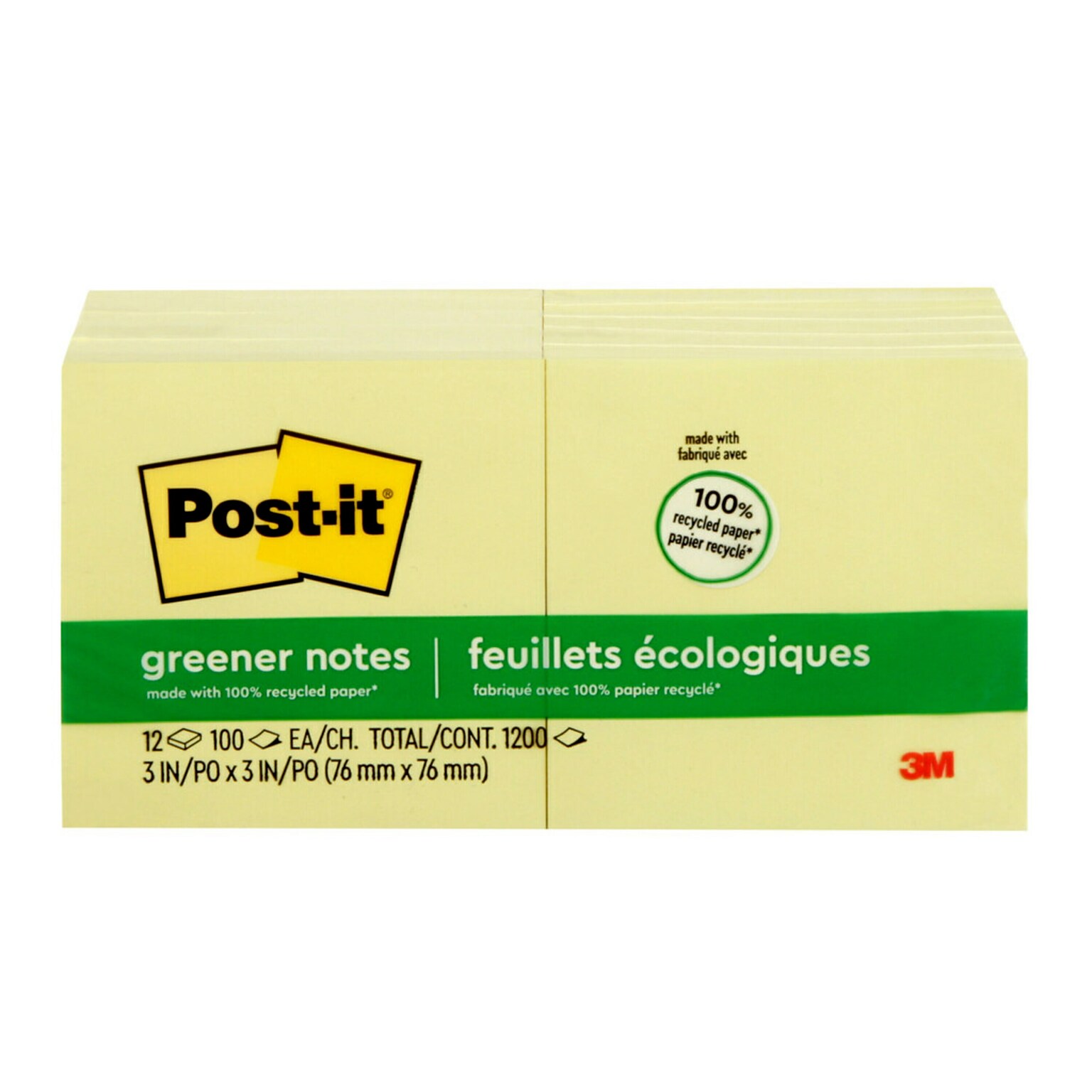 Post-it Greener Recycled Notes, 3 x 3, Canary Collection, 100 Sheet/Pad, 12 Pads/Pack (654-RP-YW)