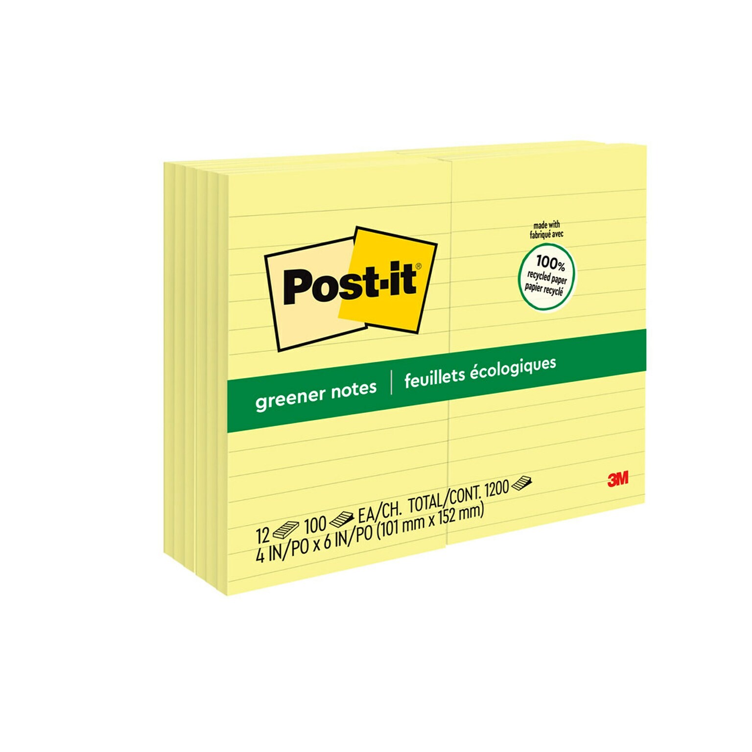 Post-it Greener Recycled Notes, 4 x 6, Canary Collection, Lined, 100 Sheet/Pad, 12 Pads/Pack (660RPYW)