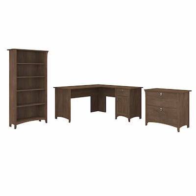 Bush Furniture Salinas 60W L Shaped Desk with Lateral File Cabinet and 5 Shelf Bookcase, Ash Brown