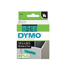 DYMO D1 Standard 45019 Label Maker Tape, 1/2 x 23, Black on Green (45019)