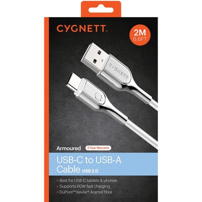 Cygnett Armored 2.0 USB-C to USB-A Charge and Sync Cable, 6', White (CY2698PCUSA)