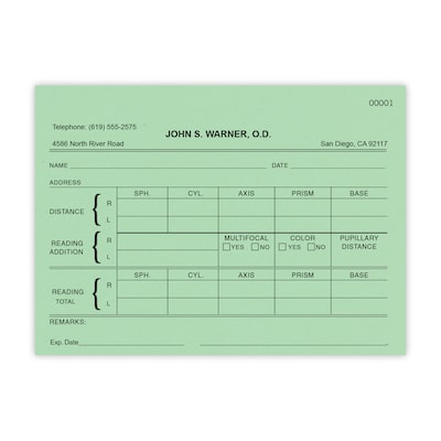 Numbered Optical RX Pads, Single Copy, Green Paper, 10 Pads per Pack