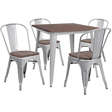 Flash Furniture Metal/Wood Restaurant Dining Table Set, 30.5H, Silver (CHWDTBCH4)