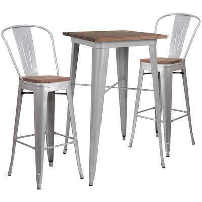 Flash Furniture Metal/Wood Restaurant Bar Table Set, 42H, Silver (CHWDTBCH2)