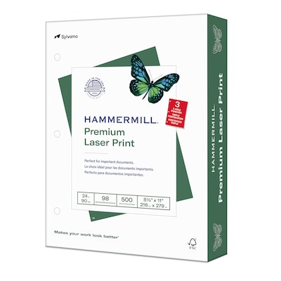 Hammermill Premium Laser Print 8.5" x 11" 3-Hole Punched Multipurpose Paper, 24 lbs., 98 Brightness, 500 Sheets/Ream (107681)