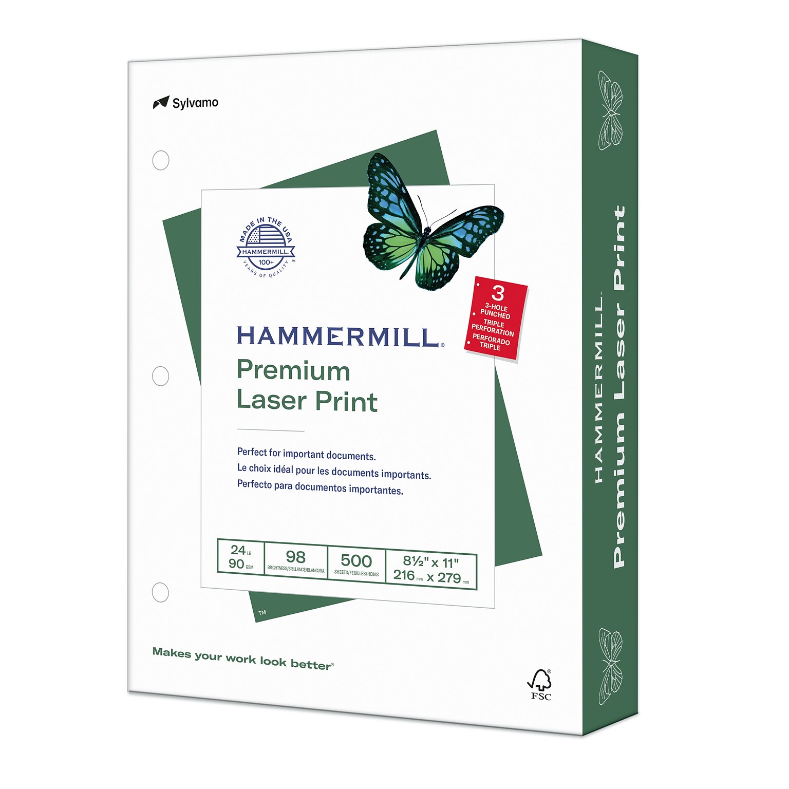 Hammermill Premium Laser Print 8.5 x 11 3-Hole Punched Multipurpose Paper, 24 lbs., 98 Brightness, 500 Sheets/Ream (107681)