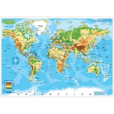 Ashley Productions Smart Poly 12 x 17 World Physical Map Learning Mat, Double-Sided (ASH95003)