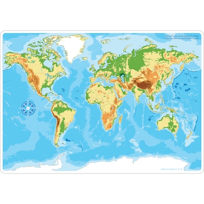 Ashley Productions Smart Poly 12 x 17 World Physical Map Learning Mat, Double-Sided (ASH95003)